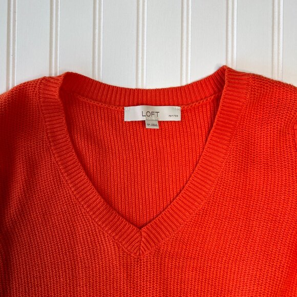 LOFT Orange Sweater Women S  Petite V Neck Long Sleeve Knit Spring Fall Vol Puff - Picture 2 of 10